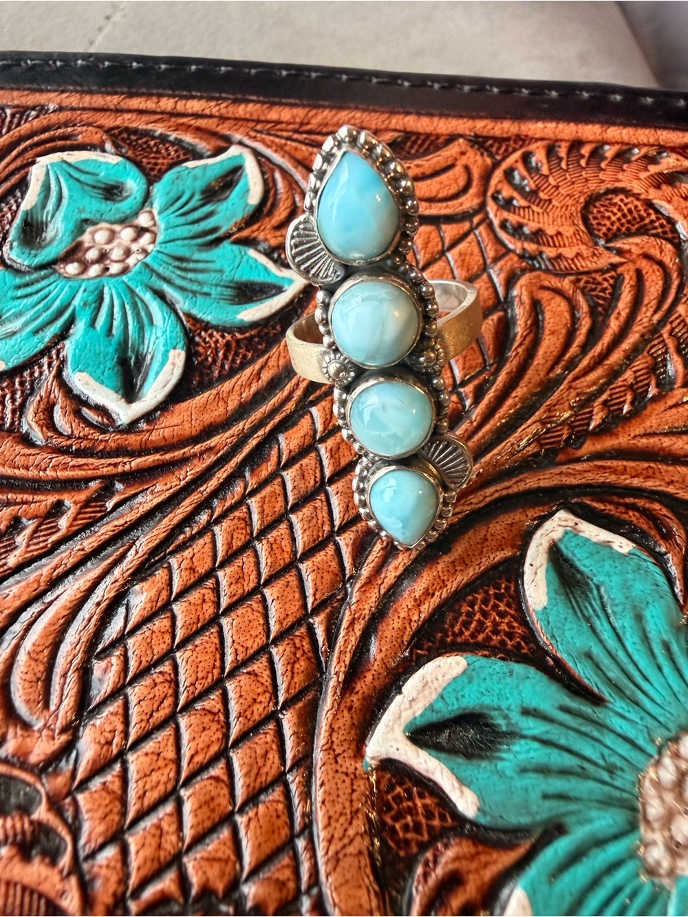 Larimar Turquoise Four Stone 925 Sterling Silver Adjustable Ring - Women Jewelry - Picture 3 of 8